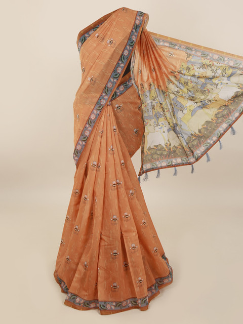 

Pothys Orange Cotton Blend Printed Chanderi Saree