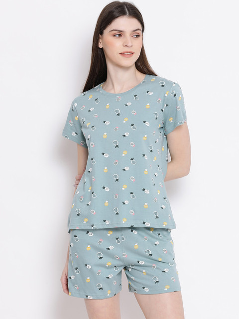

Kanvin Women Teal Blue & Yellow Printed Night suit