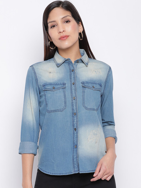 

Pepe Jeans Women Blue Regular Fit Faded Casual Shirt
