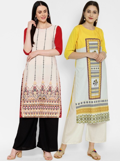 

7Threads Pack of 2 Printed Crepe Kurtas, Off white