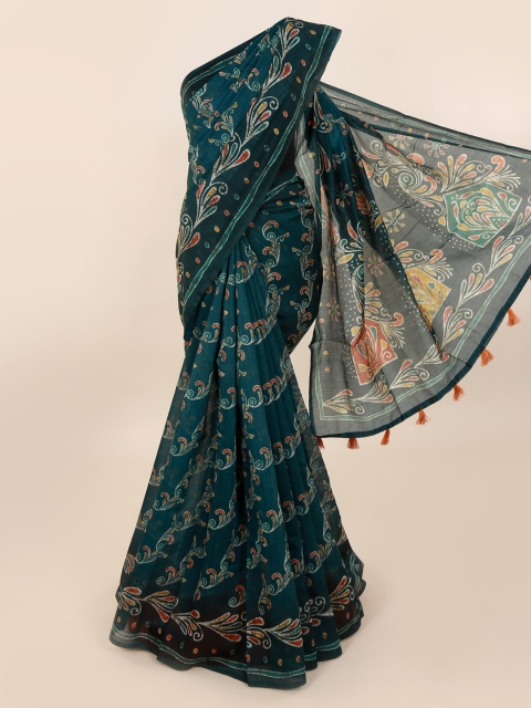 Pothys Green Cotton Blend Batik Printed Chanderi Saree
