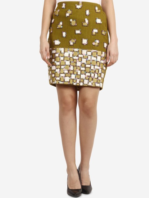 

Diwaah Women Olive Green & White Embellished Knee-Length Straight Skirt