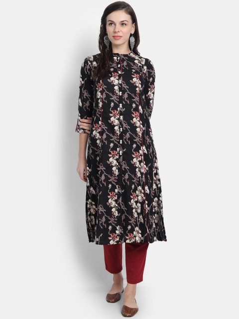 fabGLOBAL Women Black Floral Printed A-Line Kurta