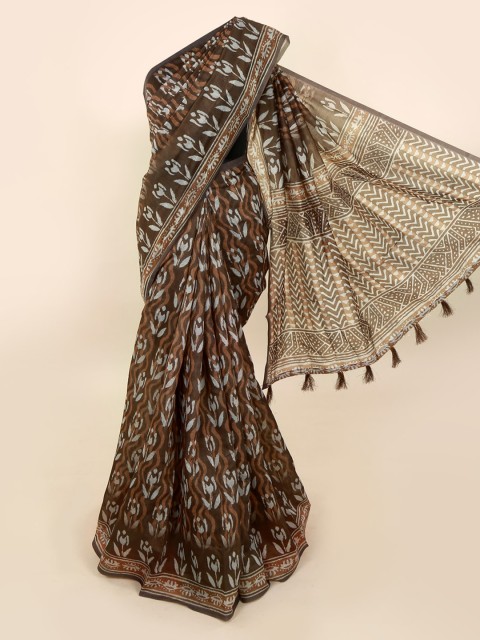 

Pothys Brown Cotton Blend Printed Chanderi Saree