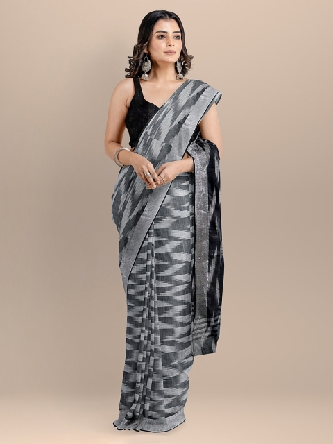 

BharatSthali Grey & Black Pure Cotton Printed Ikat Saree
