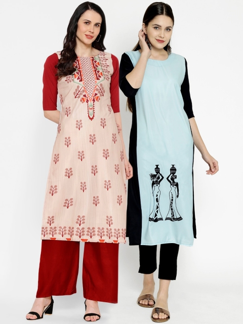 

7Threads Women Pack Of 2 Printed Crepe Kurta, Cream