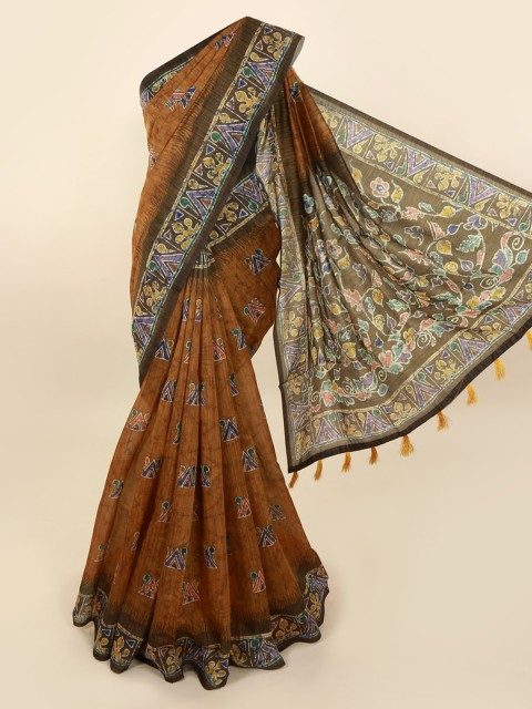

Pothys Mustard & Blue Cotton Blend Printed Saree With Tasseled Pallu