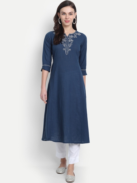 

fabGLOBAL Blue Ethnic Motifs Yoke Design Thread Work Handloom Kurta