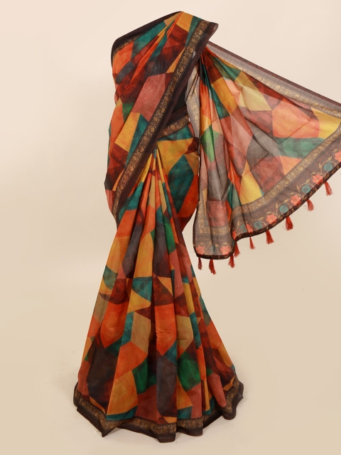 

Pothys Yellow & Teal Cotton Blend Printed Chanderi Saree