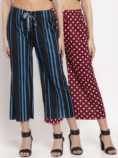 

KLOTTHE Women Pack of 2 White & Turquoise Blue Striped Wide Leg Palazzos