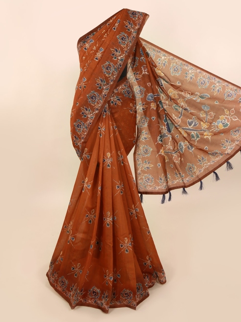 Pothys Brown Cotton Blend Printed Chanderi Saree