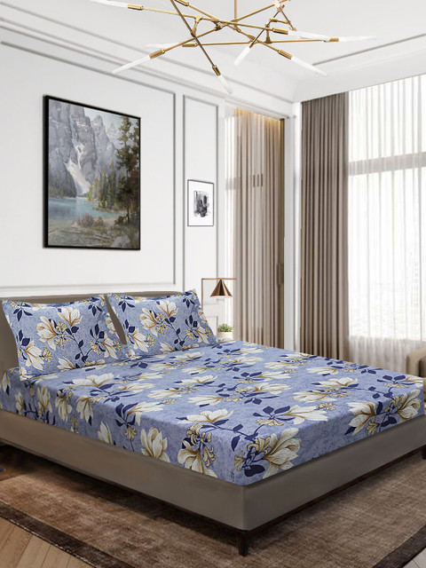 

Aura Blue & Beige Floral 144 TC Cotton 1 King Bedsheet with 2 Pillow Covers
