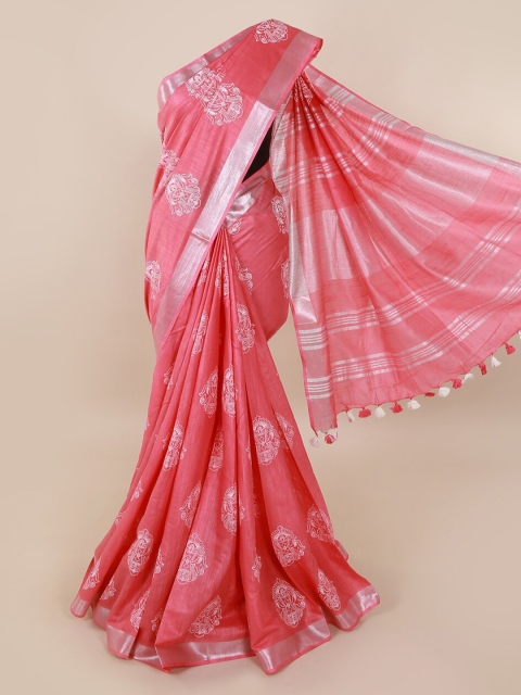 

Pothys Pink & Silver-Toned Linen Blend Printed Saree