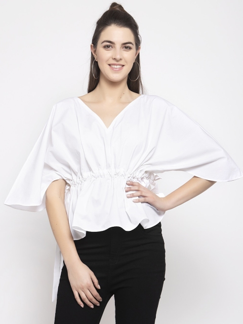 

EMBLAZE White Flared Sleeves Cinched Waist Crop Top
