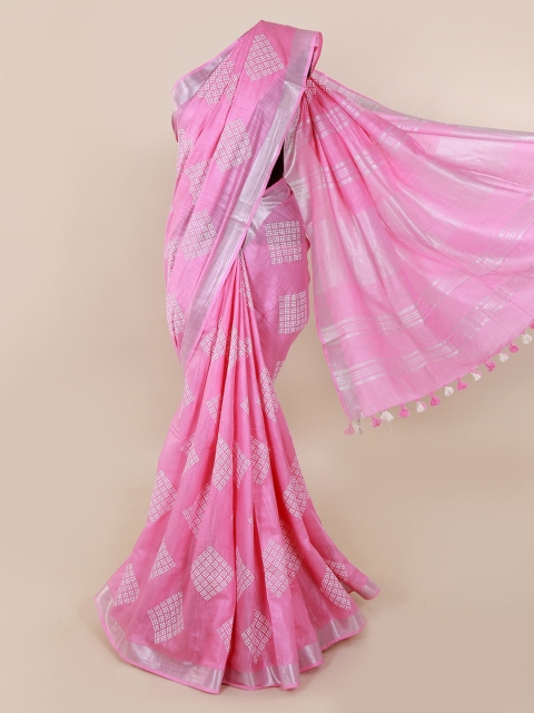 

Pothys Pink & Silver-Coloured Linen Blend Woven Design Saree