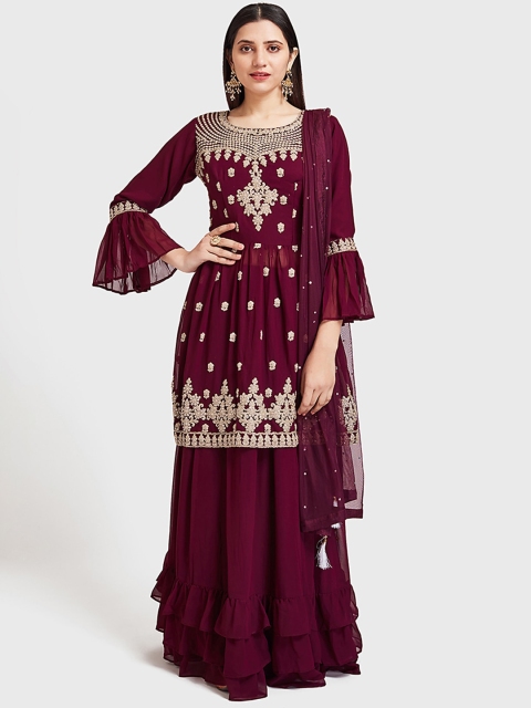 

Neerus Women Maroon Embroidered Kurta with Sharara & Dupatta