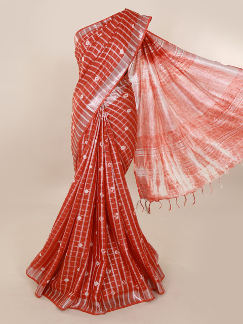 

Pothys Red & Gold-Coloured Linen Blend Checked Saree