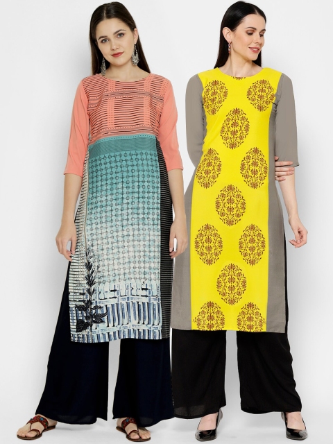

7Threads Multicoloured Geometric Extended Sleeves Thread Work Crepe Kurta, Multi