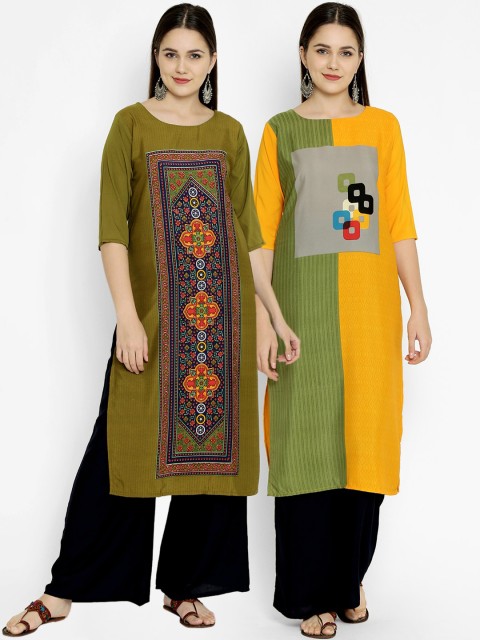

7Threads Women Pack of 2 Green Embroidered Crepe Kurtas