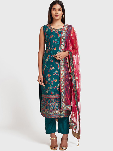 

Neerus Women Green & Red Woven Design Kurta with Trousers & Dupatta