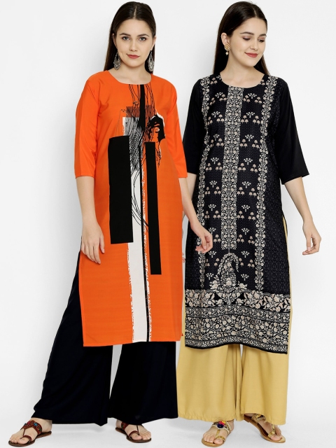 

7Threads Pack of 2 Printed Floral Crepe Kurtas, Orange