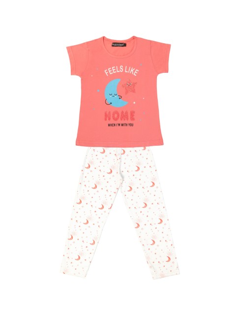Todd N Teen Girls Peach-Coloured & White Printed Night suit