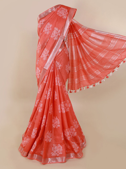 

Pothys Peach-Coloured & Silver-Toned Linen Blend Printed Saree With Tasselled Pallu