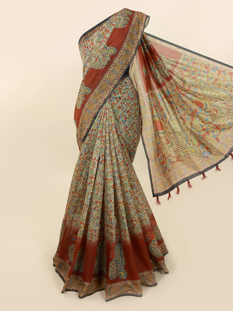 

Pothys Mustard & Green Cotton Blend Printed Saree With Tasseled Pallu
