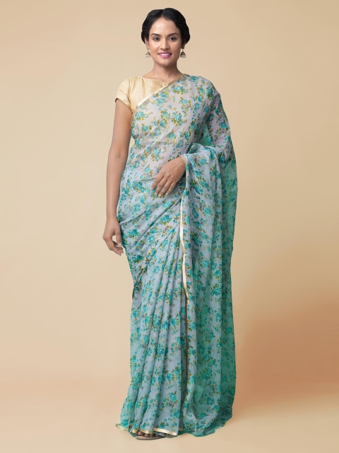 

Unnati Silks Turquoise Blue & Green Pure Chiffon Floral Printed Saree