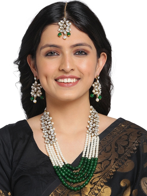 

Shining Diva White & Green Kundan Studded & Pearl Embellished Antique Multi-Stranded Jewellery Set