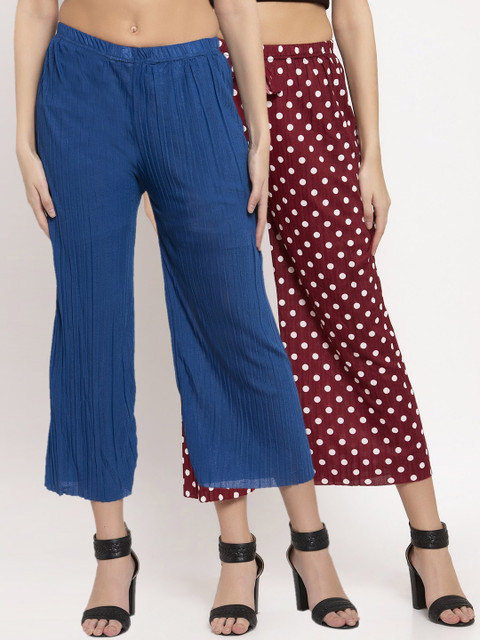

KLOTTHE Women Pack of 2 Maroon & Blue Solid Wide Leg Palazzos