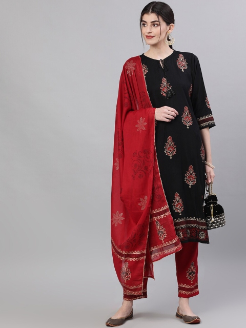 

Ishin Women Black & Red Embroidered Kurta with Trousers & Dupatta