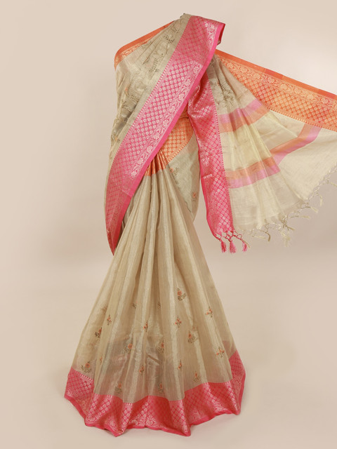 

Pothys Cream-Coloured & Pink Tissue Embroidered Saree