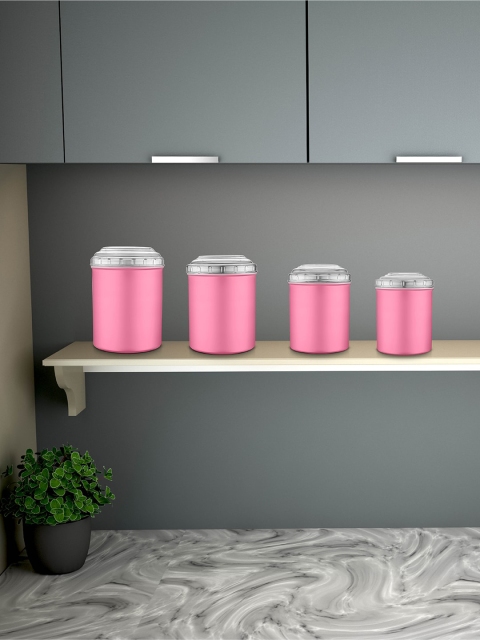 

Jensons Set Of 4 Pink & Transparent Solid Stainless Steel Canisters