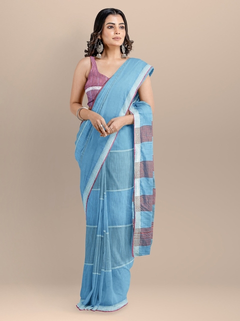 

BharatSthali Blue & Purple Silk Cotton Striped Mangalagiri Saree