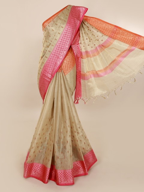 

Pothys Cream-Coloured & Pink Tissue Printed Saree