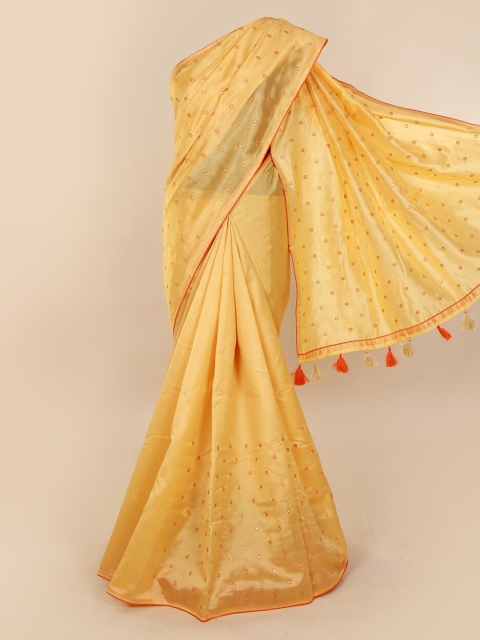 

Pothys Yellow & Red Cotton Blend Printed Saree