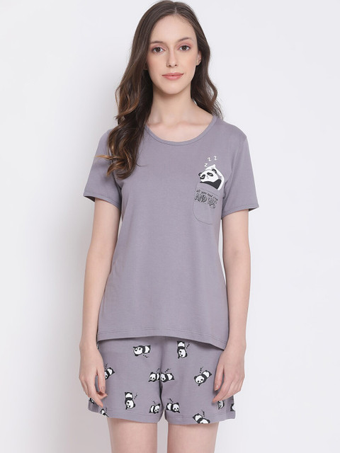 

Kanvin Women Grey & Black Printed Night suit