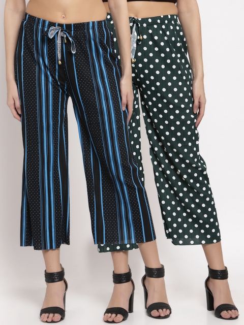 

KLOTTHE Women Black & Turquoise Blue Striped Wide Leg Palazzos Set of 2
