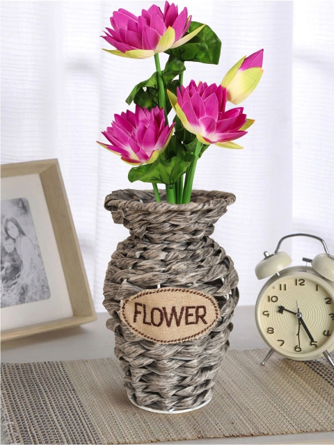 

TIED RIBBONS Purple & Green Lotus Lilly Artificial Flower Stick With Ratan Vase