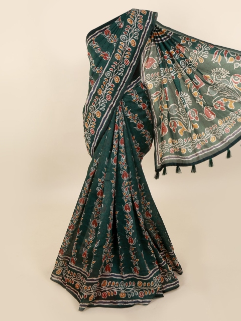 

Pothys Green & Off-White Cotton Blend Printed Saree With Tasseled Pallu