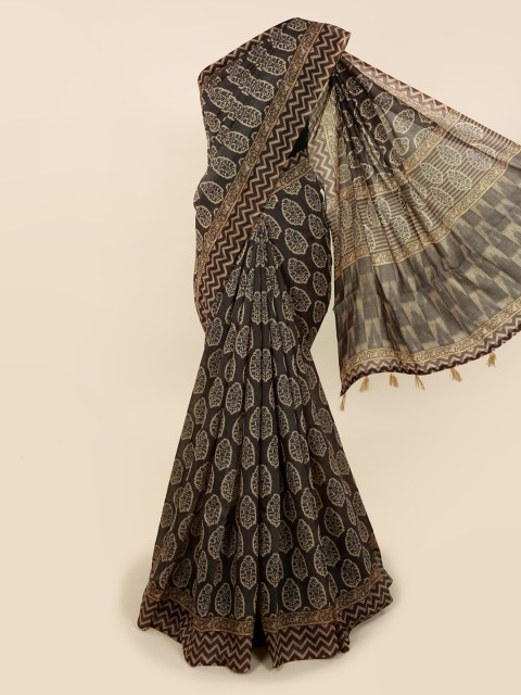 

Pothys Grey & Beige Cotton Blend Printed Saree With Tasseled Pallu