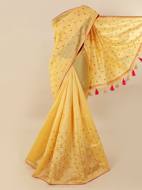 

Pothys Cream-Coloured & Pink Cotton Blend Embroidered Saree