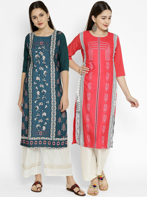 

7Threads Pack of 2 Ethnic Motifs Printed Crepe Kurta, Multi