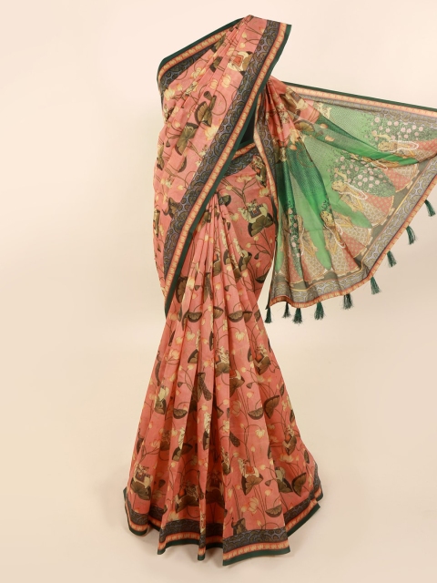 

Pothys Peach-Coloured Printed Cotton Blend Chanderi Saree