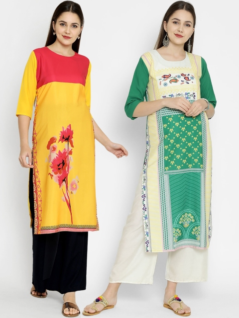 

7Threads Women Pack Of 2 Floral Printed Crepe Kurta, Yellow