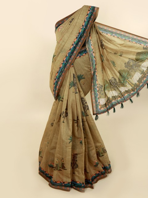 

Pothys Beige & Green Cotton Blend Printed Saree
