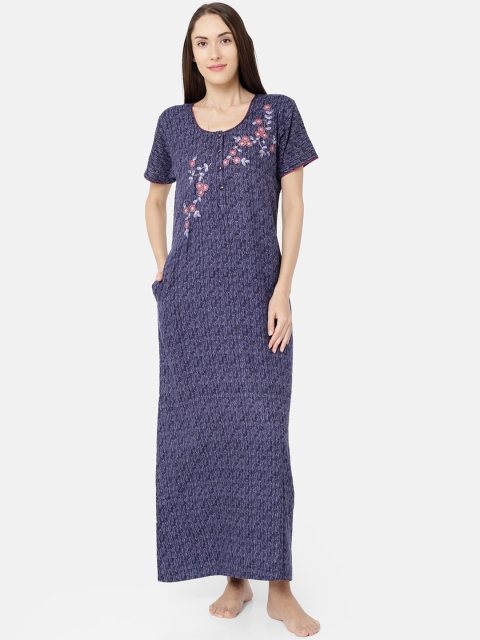 Sand Dune Navy Blue & Pink Embroidered Nightdress