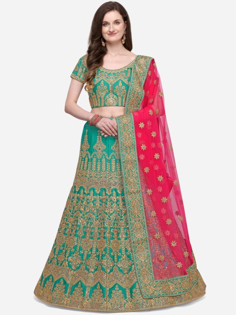 

NAKKASHI Green & Red Embroidered Semi-Stitched Lehenga & Unstitched Blouse with Dupatta