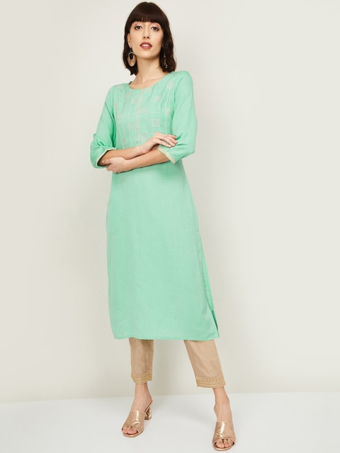 Melange by Lifestyle Women Green Woven Design Straight Kurta